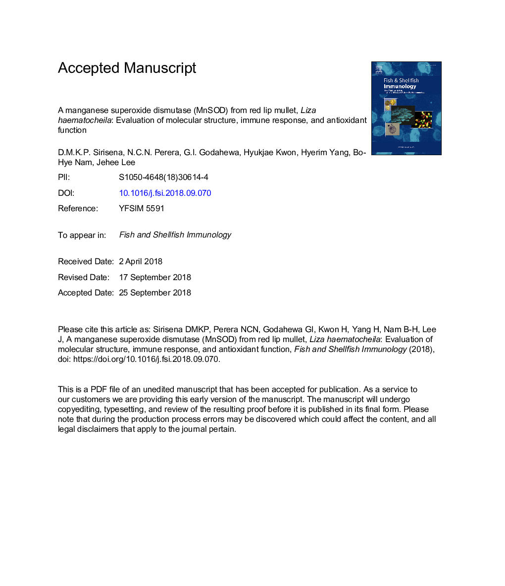 A manganese superoxide dismutase (MnSOD) from red lip mullet, Liza haematocheila: Evaluation of molecular structure, immune response, and antioxidant function