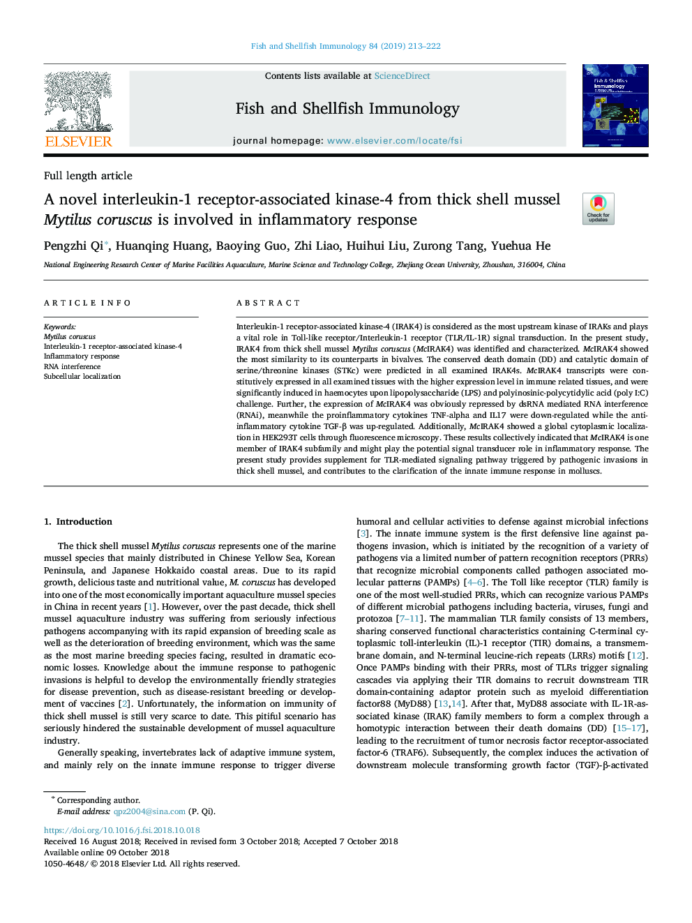 A novel interleukin-1 receptor-associated kinase-4 from thick shell mussel Mytilus coruscus is involved in inflammatory response