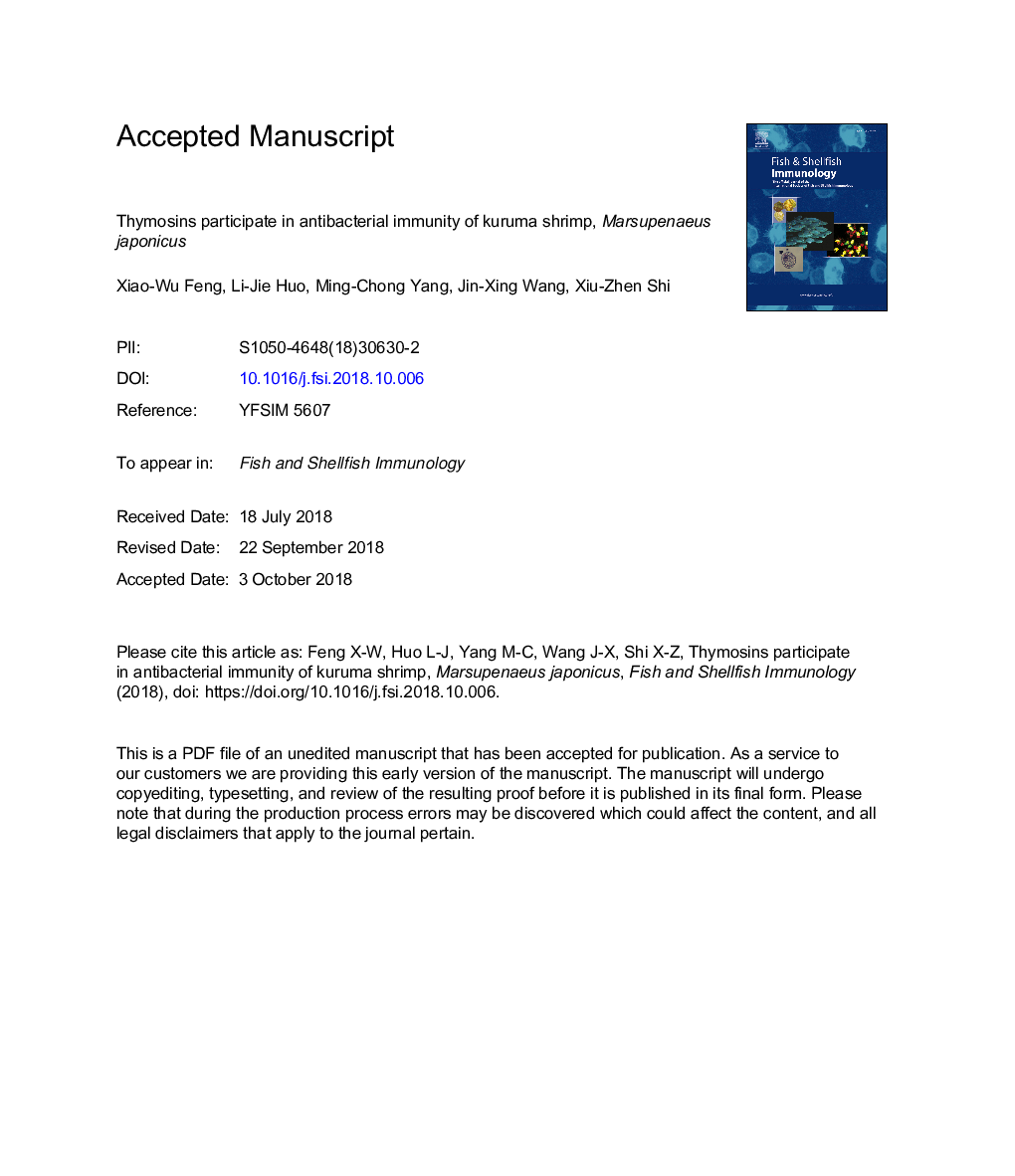 Thymosins participate in antibacterial immunity of kuruma shrimp, Marsupenaeus japonicus