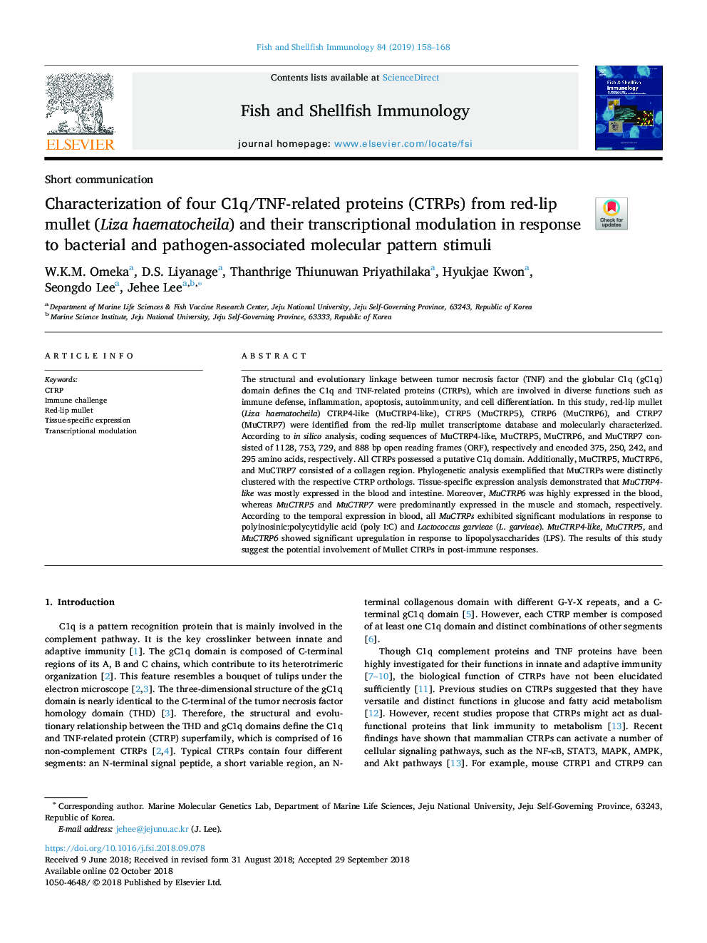 Characterization of four C1q/TNF-related proteins (CTRPs) from red-lip mullet (Liza haematocheila) and their transcriptional modulation in response to bacterial and pathogen-associated molecular pattern stimuli