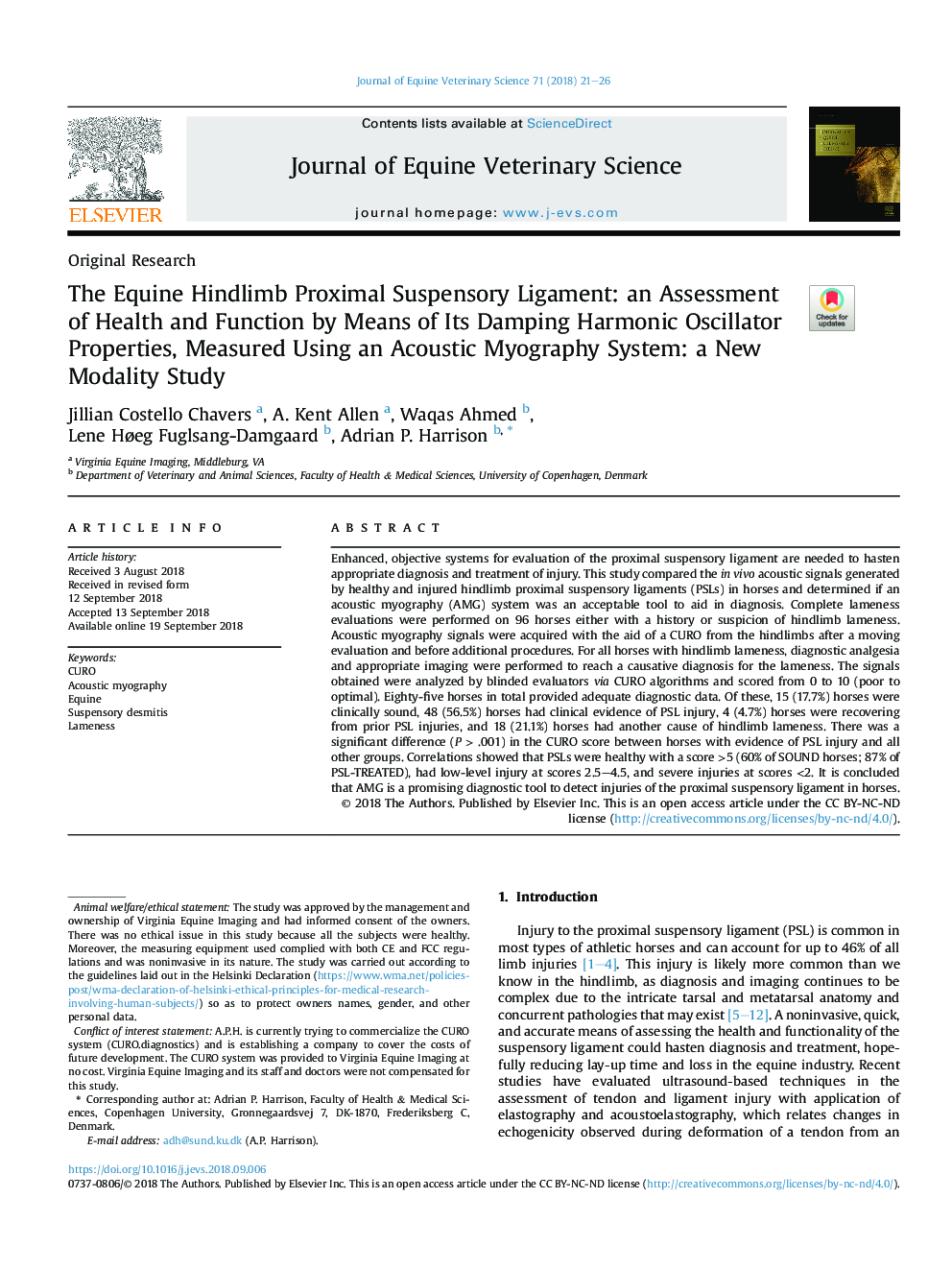 The Equine Hindlimb Proximal Suspensory Ligament: an Assessment of Health and Function by Means of Its Damping Harmonic Oscillator Properties, Measured Using an Acoustic Myography System: a New Modality Study