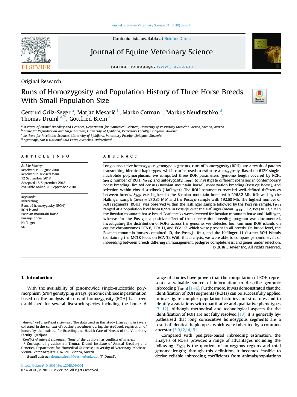 Runs of Homozygosity and Population History of Three Horse Breeds With Small Population Size