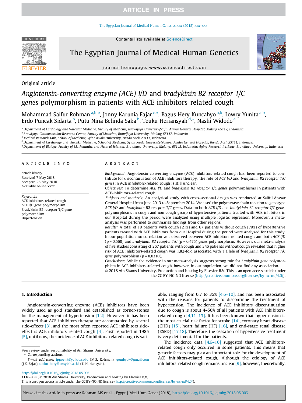 Angiotensin-converting enzyme (ACE) I/D and bradykinin B2 receptor T/C genes polymorphism in patients with ACE inhibitors-related cough