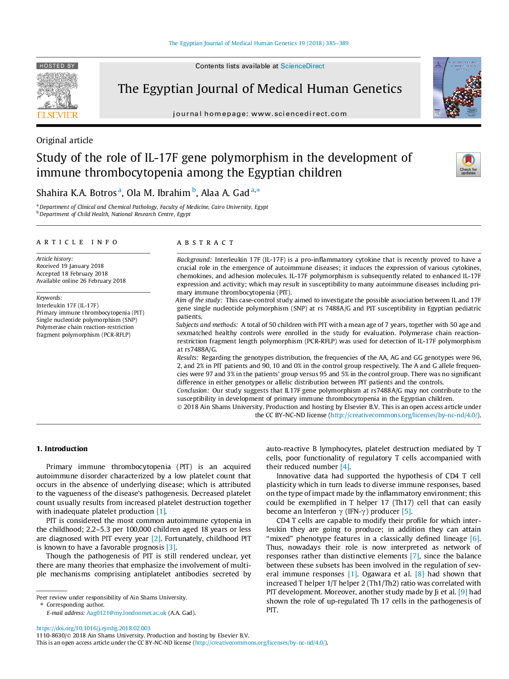 Study of the role of IL-17F gene polymorphism in the development of immune thrombocytopenia among the Egyptian children