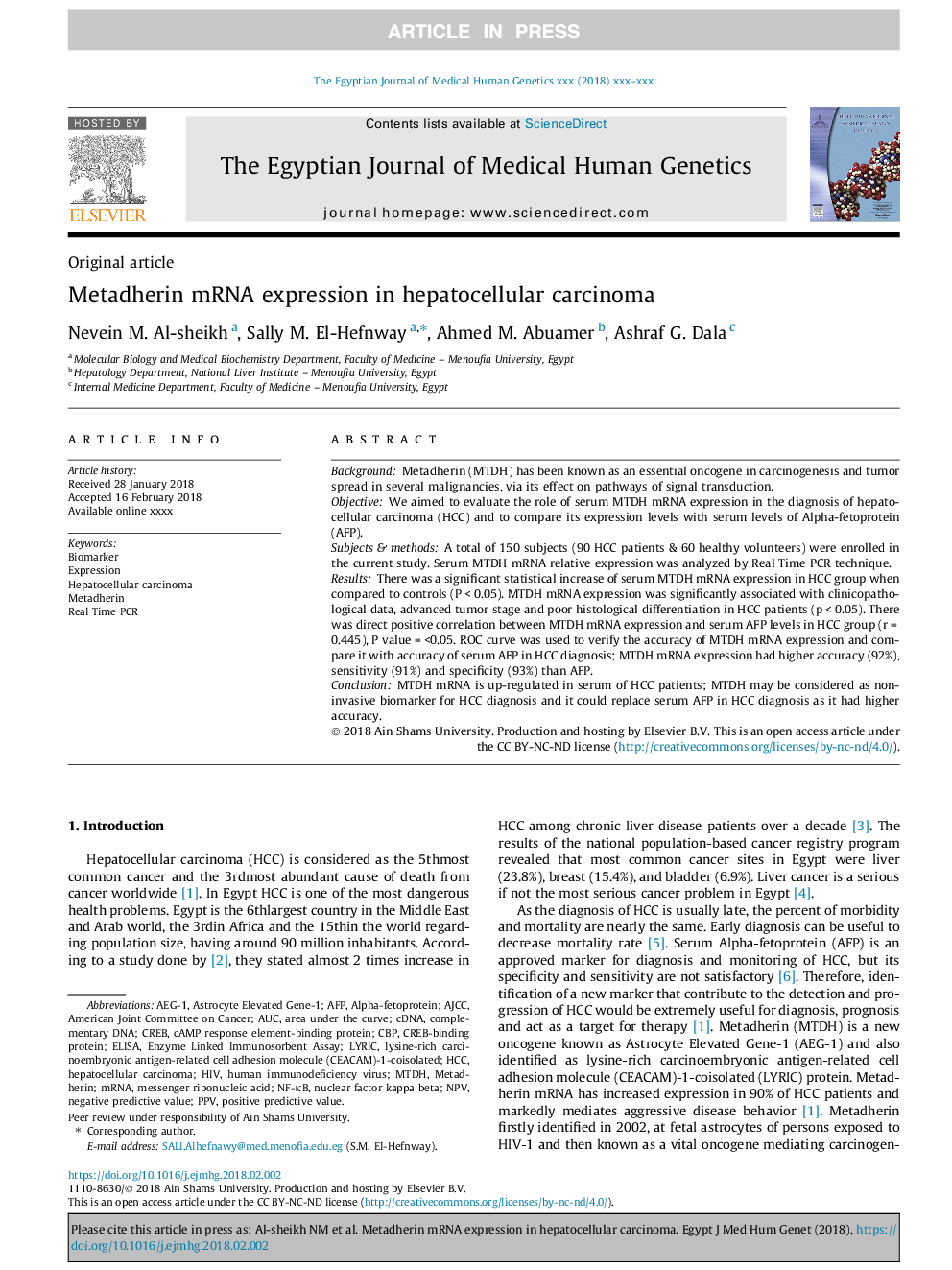 Metadherin mRNA expression in hepatocellular carcinoma