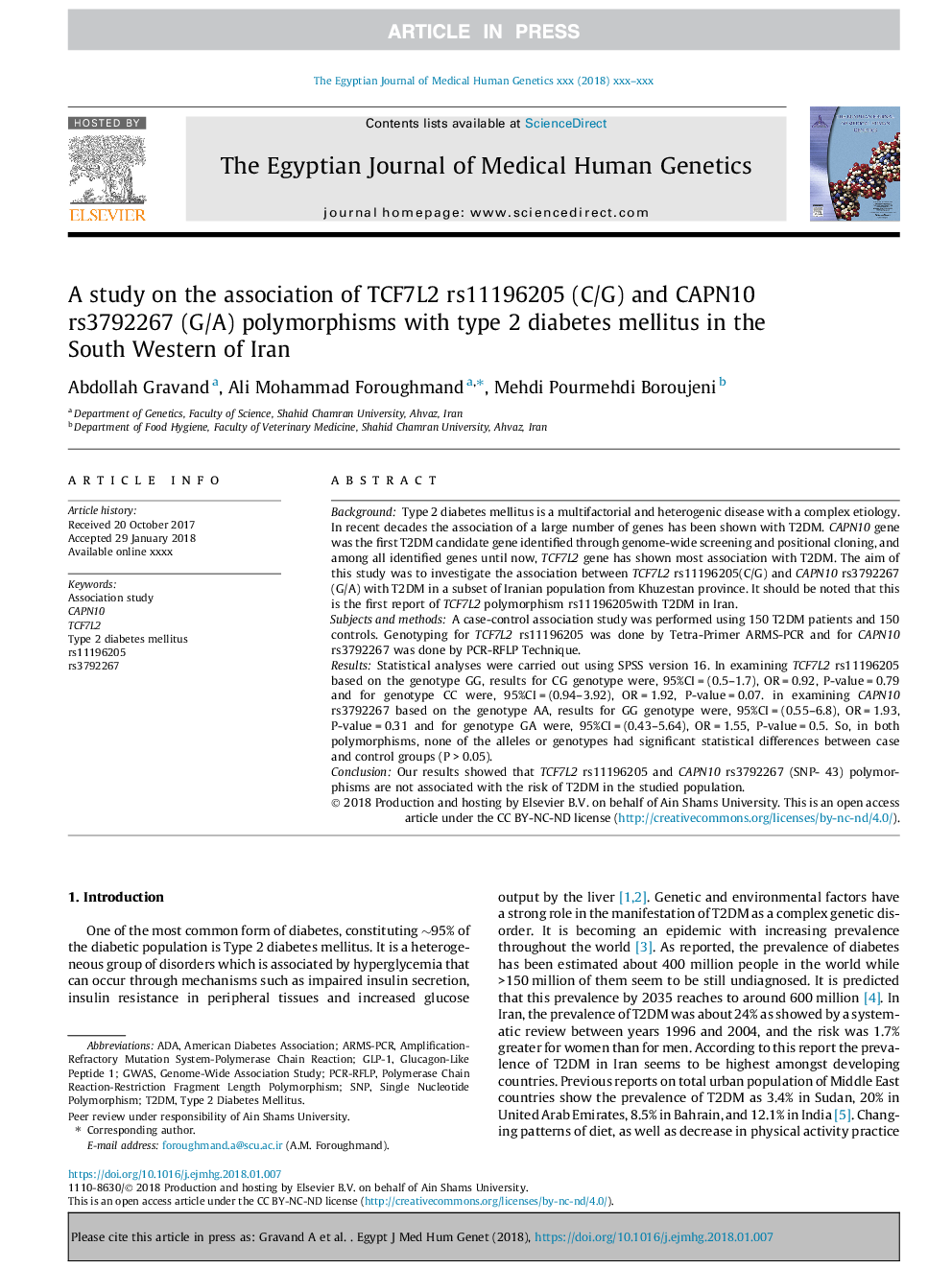 A study on the association of TCF7L2 rs11196205 (C/G) and CAPN10 rs3792267 (G/A) polymorphisms with type 2 diabetes mellitus in the South Western of Iran