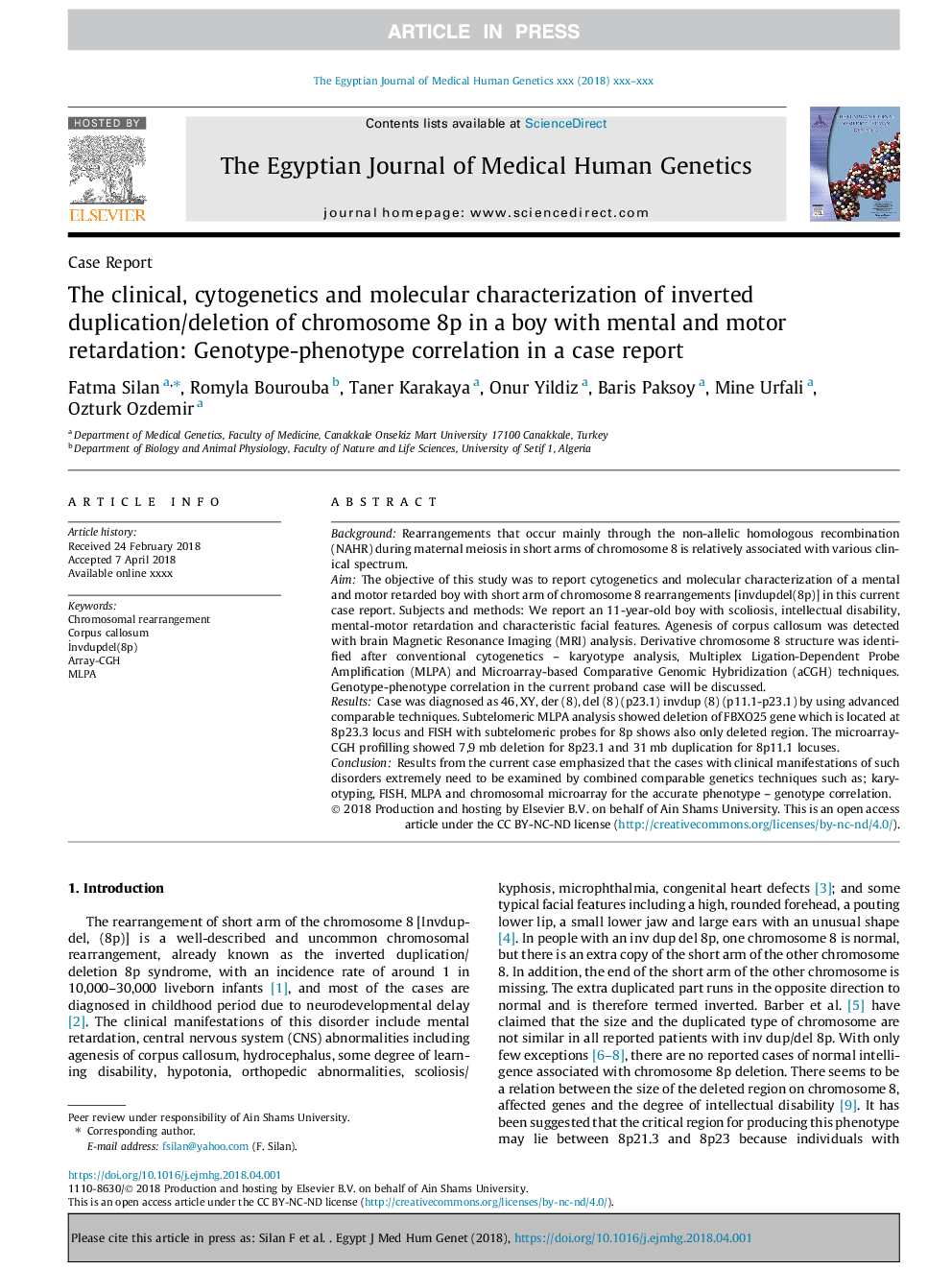 The clinical, cytogenetics and molecular characterization of inverted duplication/deletion of chromosome 8p in a boy with mental and motor retardation: Genotype-phenotype correlation in a case report