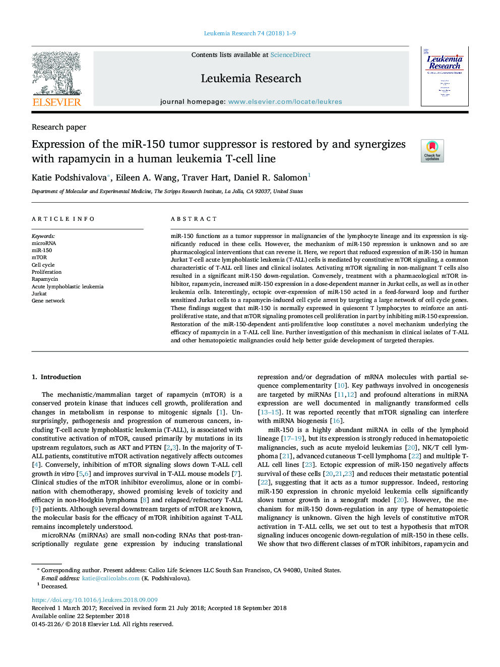 Expression of the miR-150 tumor suppressor is restored by and synergizes with rapamycin in a human leukemia T-cell line