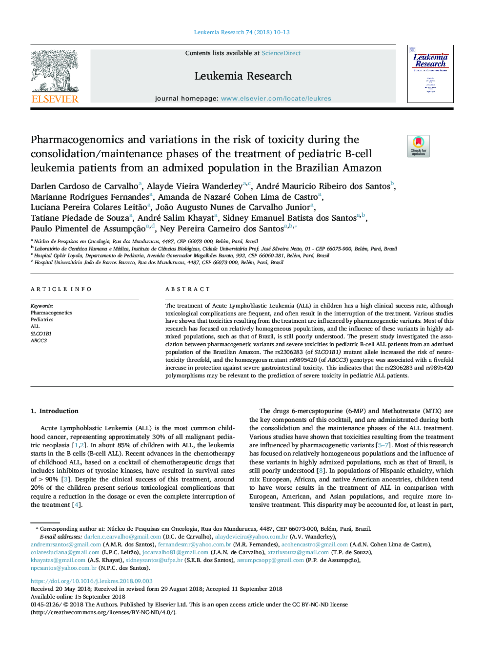 Pharmacogenomics and variations in the risk of toxicity during the consolidation/maintenance phases of the treatment of pediatric B-cell leukemia patients from an admixed population in the Brazilian Amazon