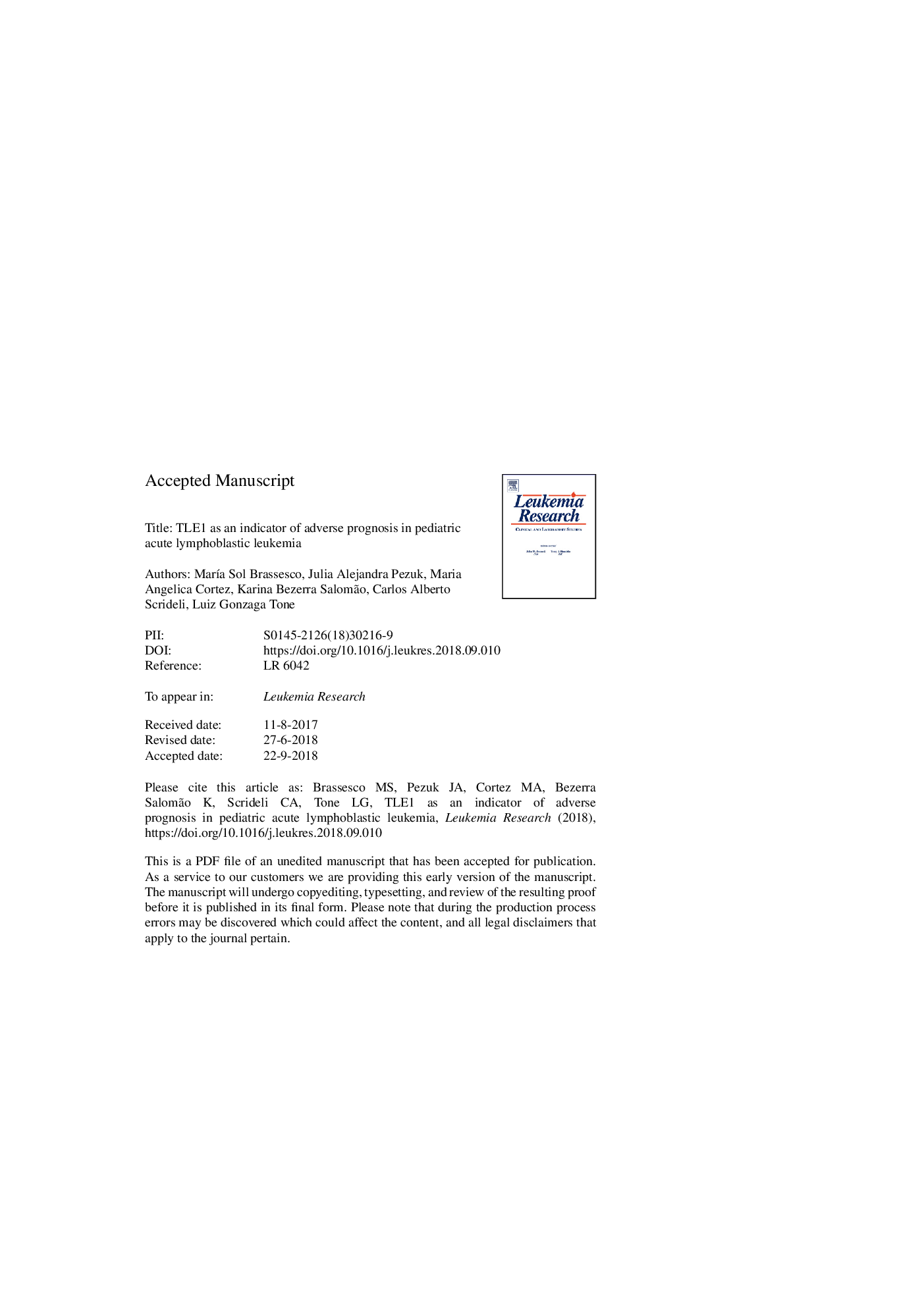 عکس صفحه اول مقاله: TLE1 as an indicator of adverse prognosis in pediatric acute lymphoblastic leukemia TLE1 as an indicator of adverse prognosis in pediatric acute lymphoblastic leukemia