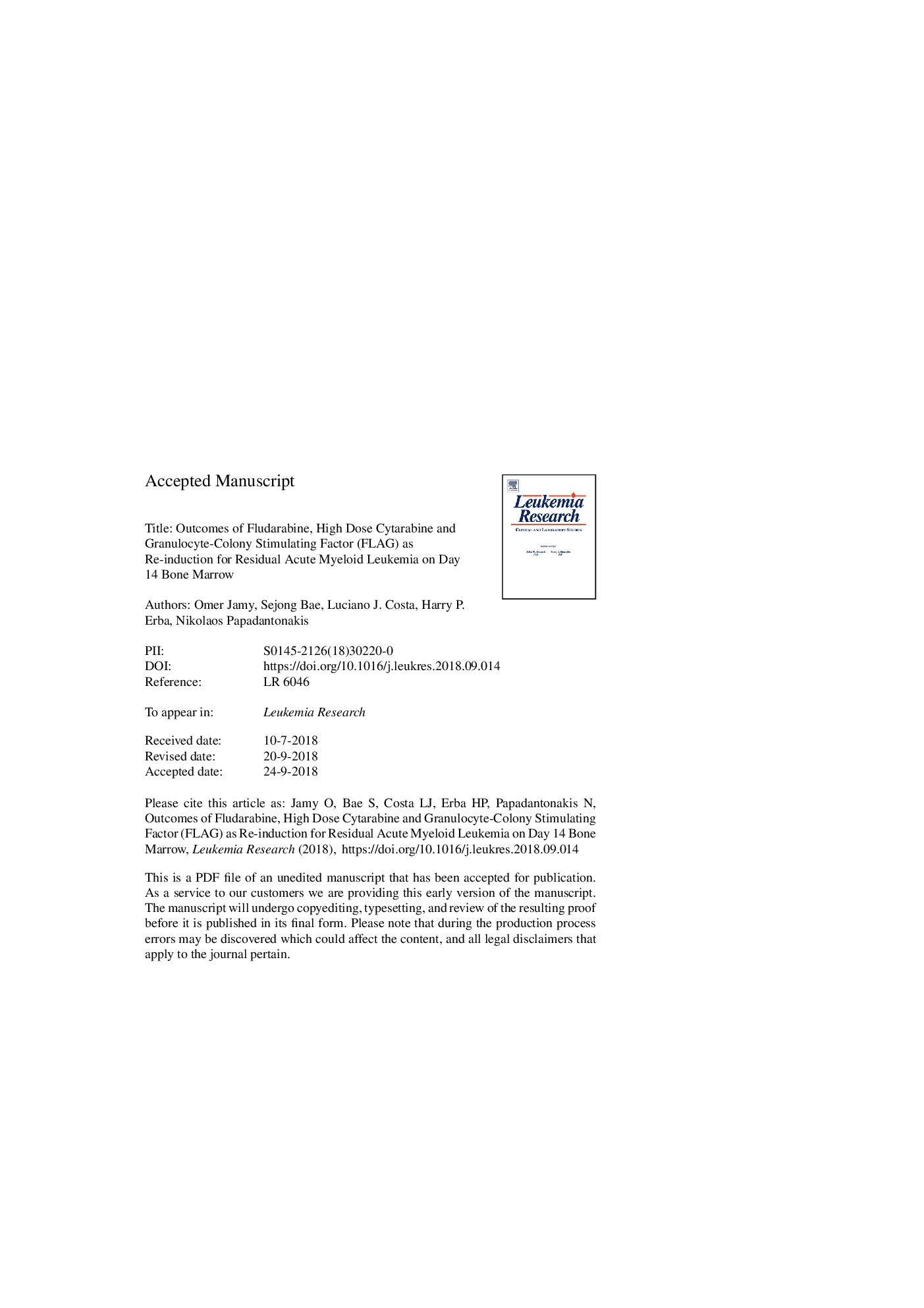 Outcomes of fludarabine, high dose cytarabine and granulocyte-colony stimulating factor (FLAG) as re-induction for residual acute myeloid leukemia on day 14 bone marrow