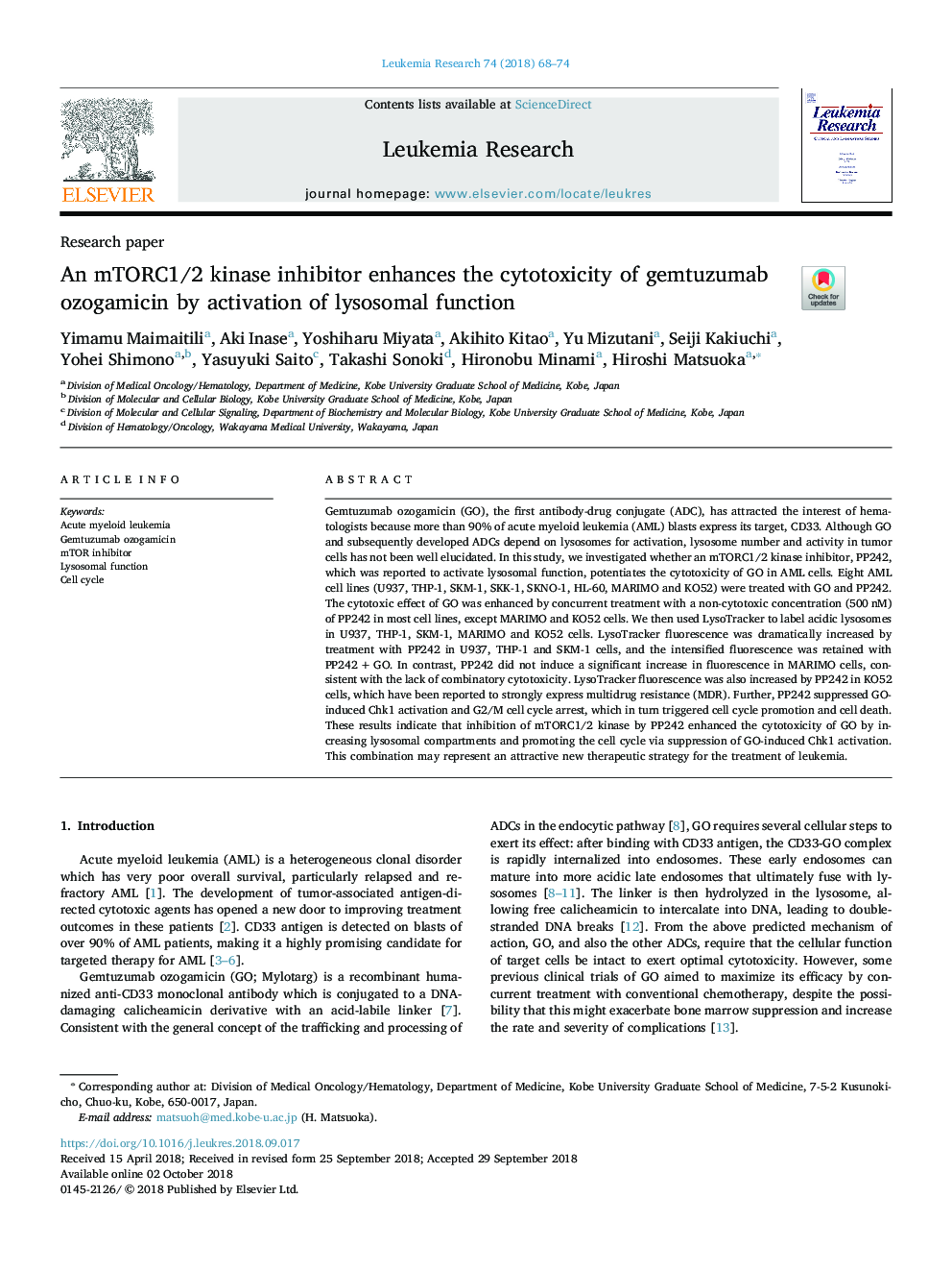 An mTORC1/2 kinase inhibitor enhances the cytotoxicity of gemtuzumab ozogamicin by activation of lysosomal function