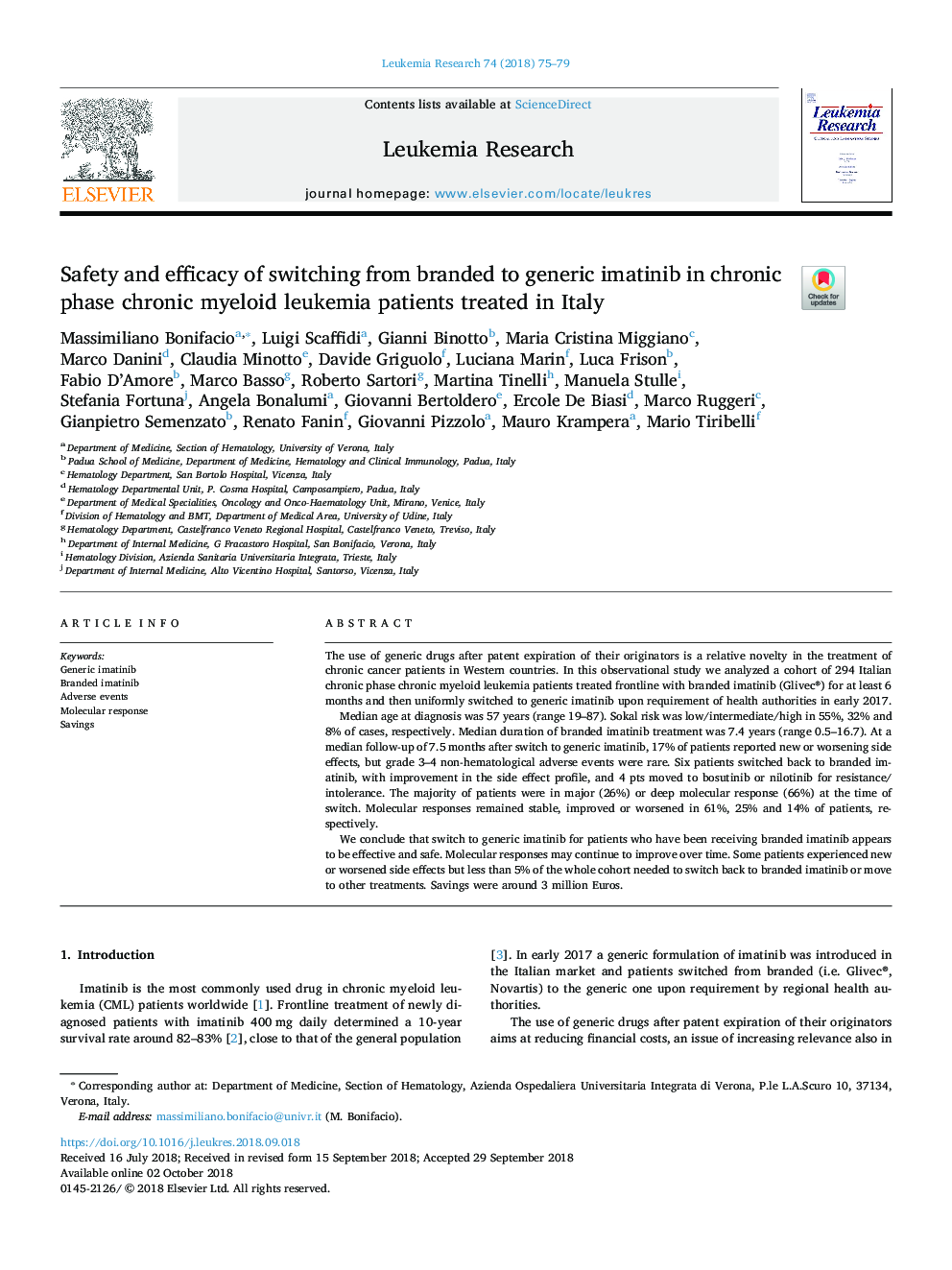 Safety and efficacy of switching from branded to generic imatinib in chronic phase chronic myeloid leukemia patients treated in Italy