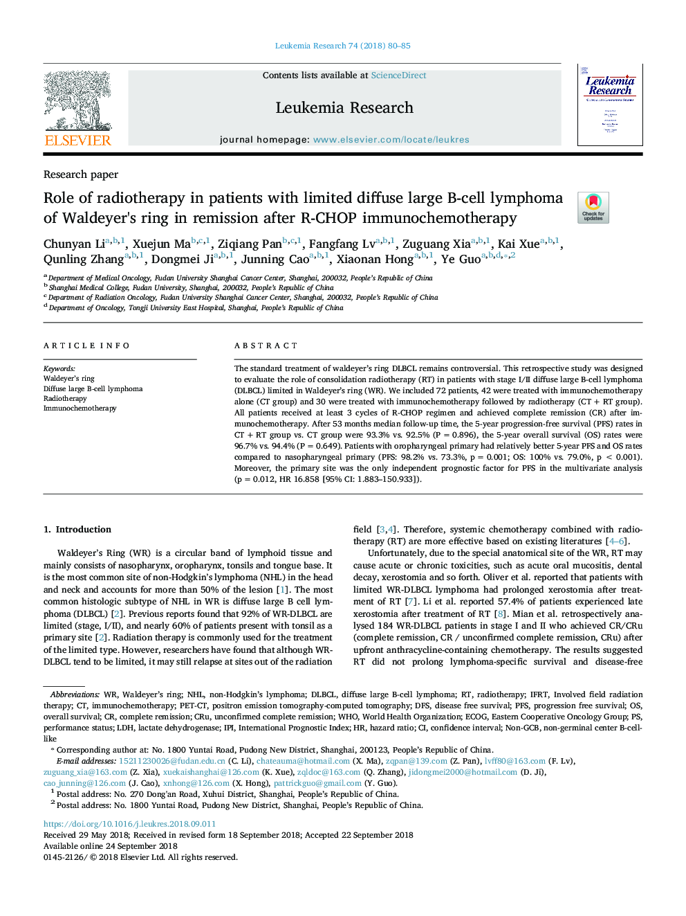 Role of radiotherapy in patients with limited diffuse large B-cell lymphoma of Waldeyer's ring in remission after R-CHOP immunochemotherapy