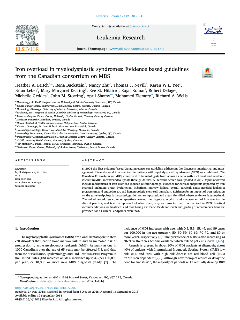 Iron overload in myelodysplastic syndromes: Evidence based guidelines from the Canadian consortium on MDS