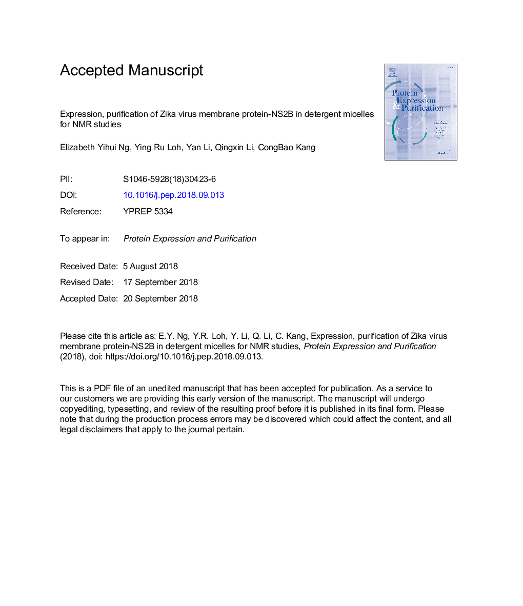 Expression, purification of Zika virus membrane protein-NS2B in detergent micelles for NMR studies