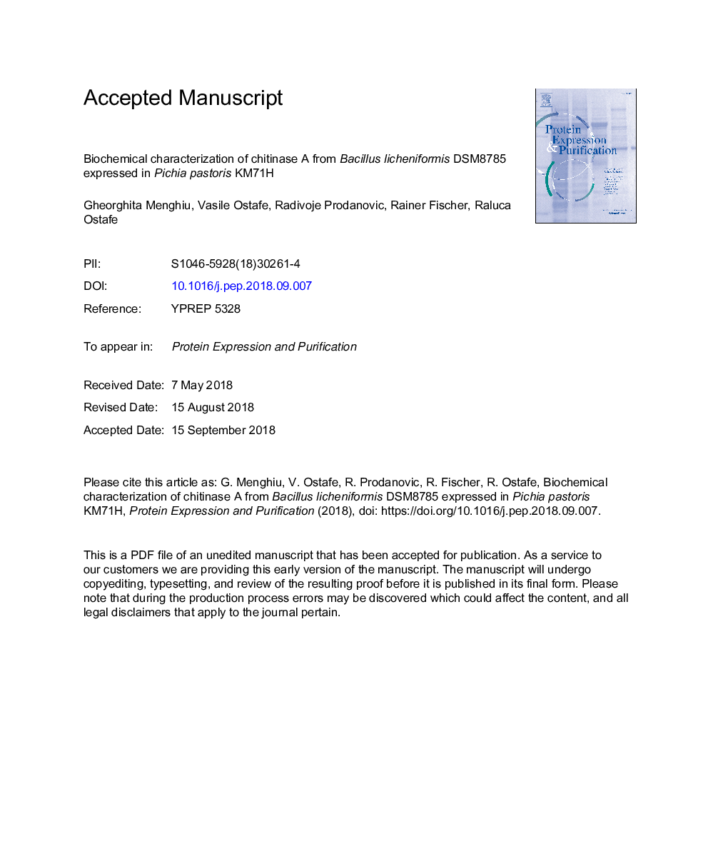 Biochemical characterization of chitinase A from Bacillus licheniformis DSM8785 expressed in Pichia pastoris KM71H