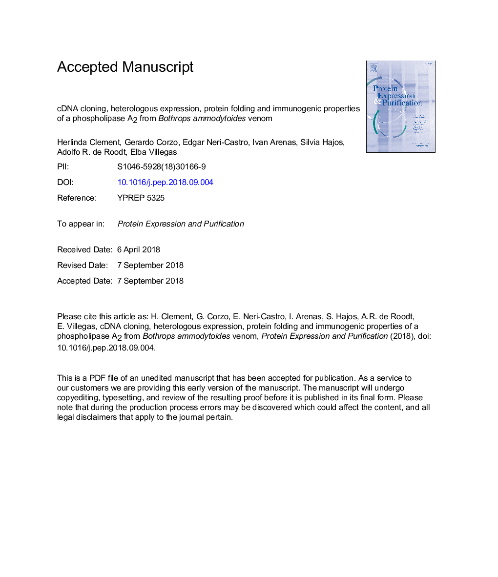 cDNA cloning, heterologous expression, protein folding and immunogenic properties of a phospholipase A2 from Bothrops ammodytoides venom