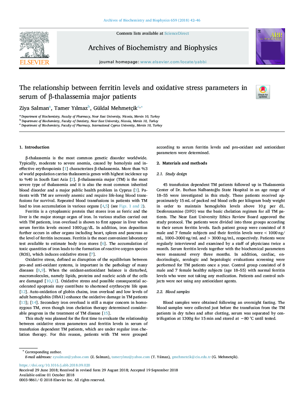 The relationship between ferritin levels and oxidative stress parameters in serum of Î²-thalassemia major patients