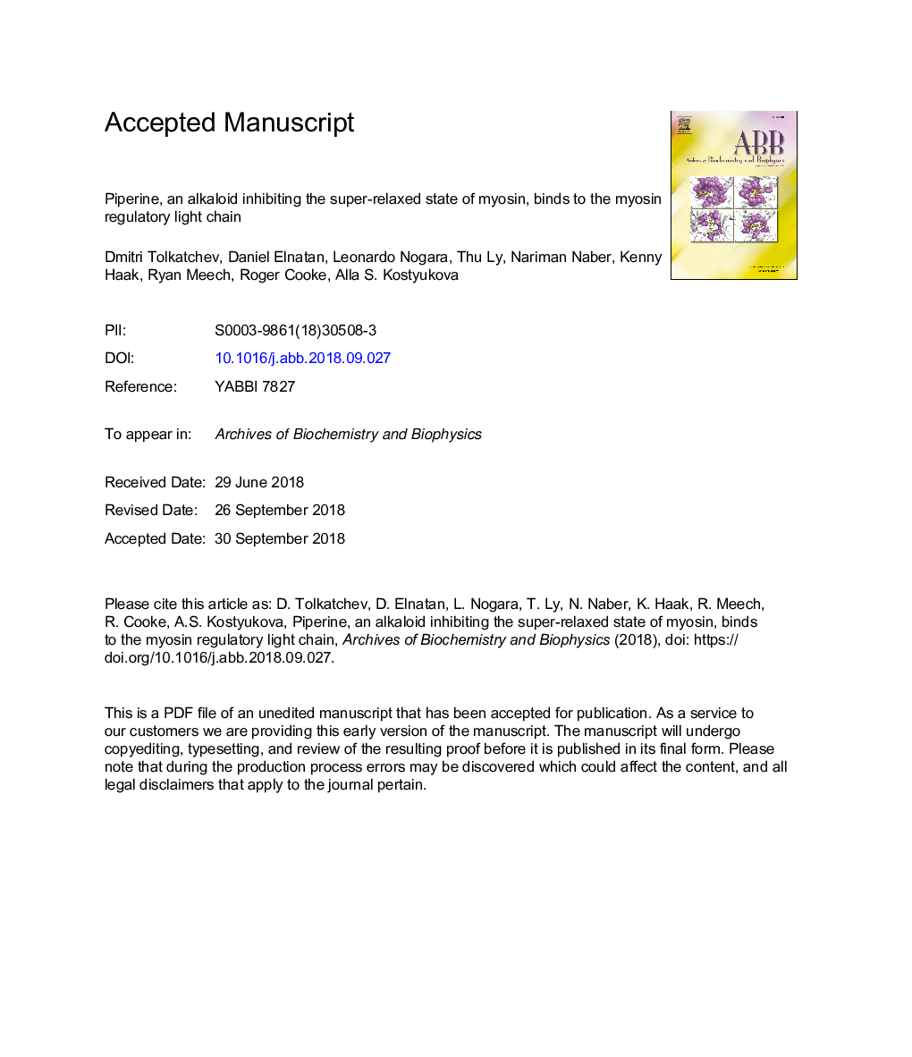 Piperine, an alkaloid inhibiting the super-relaxed state of myosin, binds to the myosin regulatory light chain