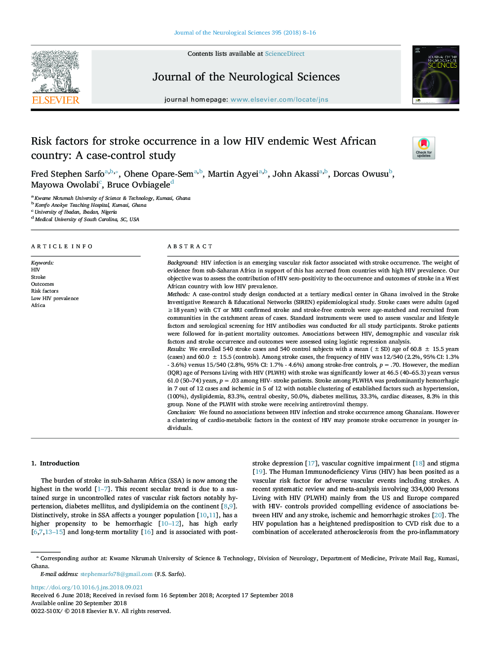 Risk factors for stroke occurrence in a low HIV endemic West African country: A case-control study