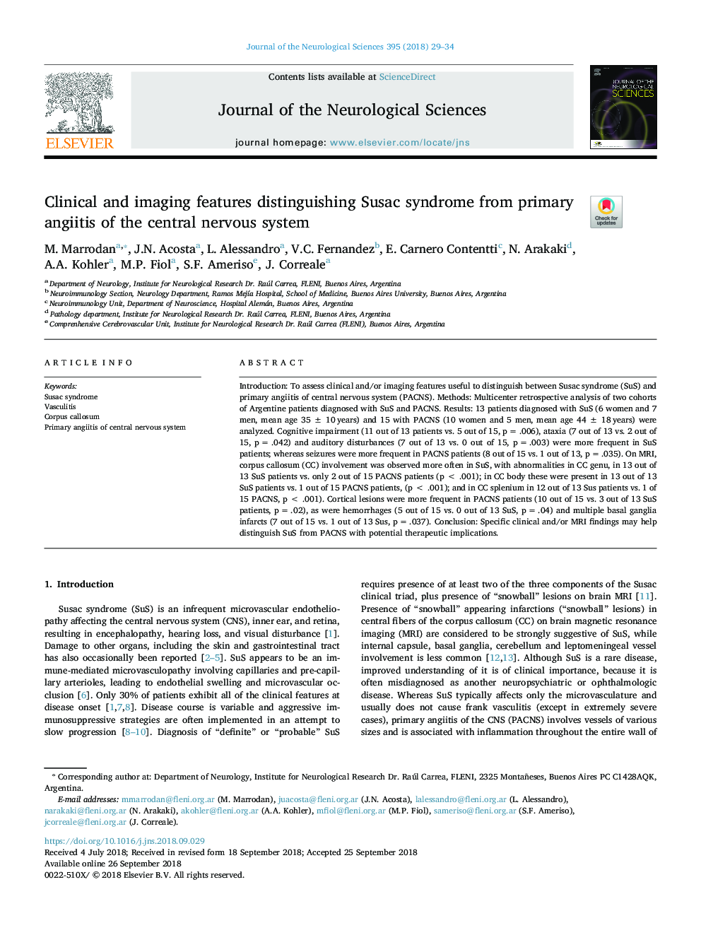 Clinical and imaging features distinguishing Susac syndrome from primary angiitis of the central nervous system