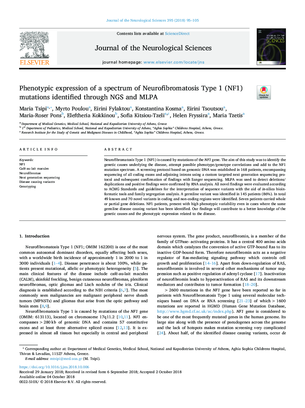 Phenotypic expression of a spectrum of Neurofibromatosis Type 1 (NF1) mutations identified through NGS and MLPA