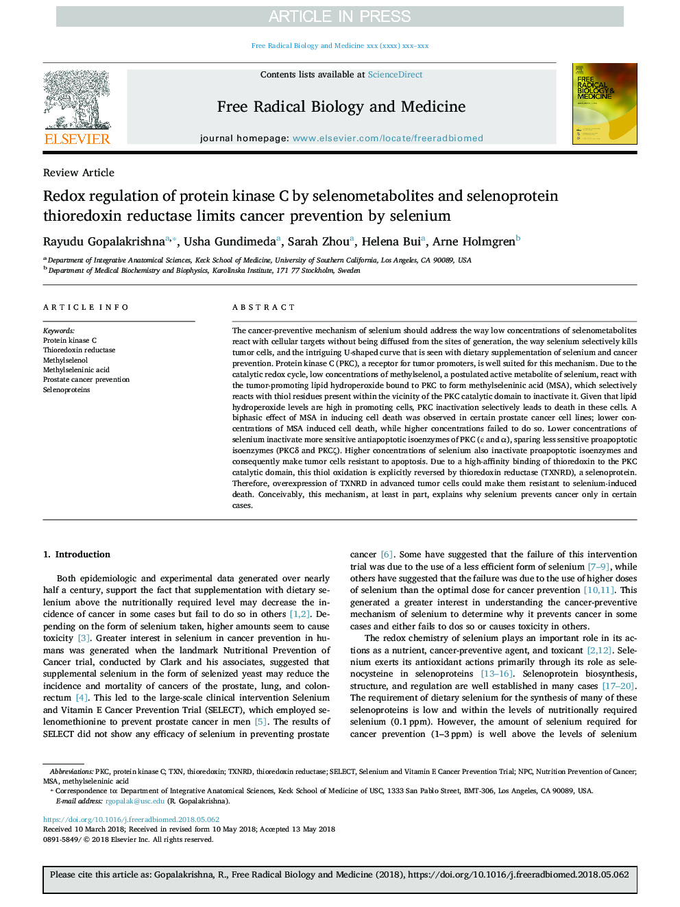 Redox regulation of protein kinase C by selenometabolites and selenoprotein thioredoxin reductase limits cancer prevention by selenium