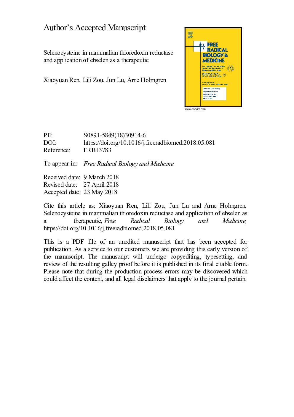 Selenocysteine in mammalian thioredoxin reductase and application of ebselen as a therapeutic