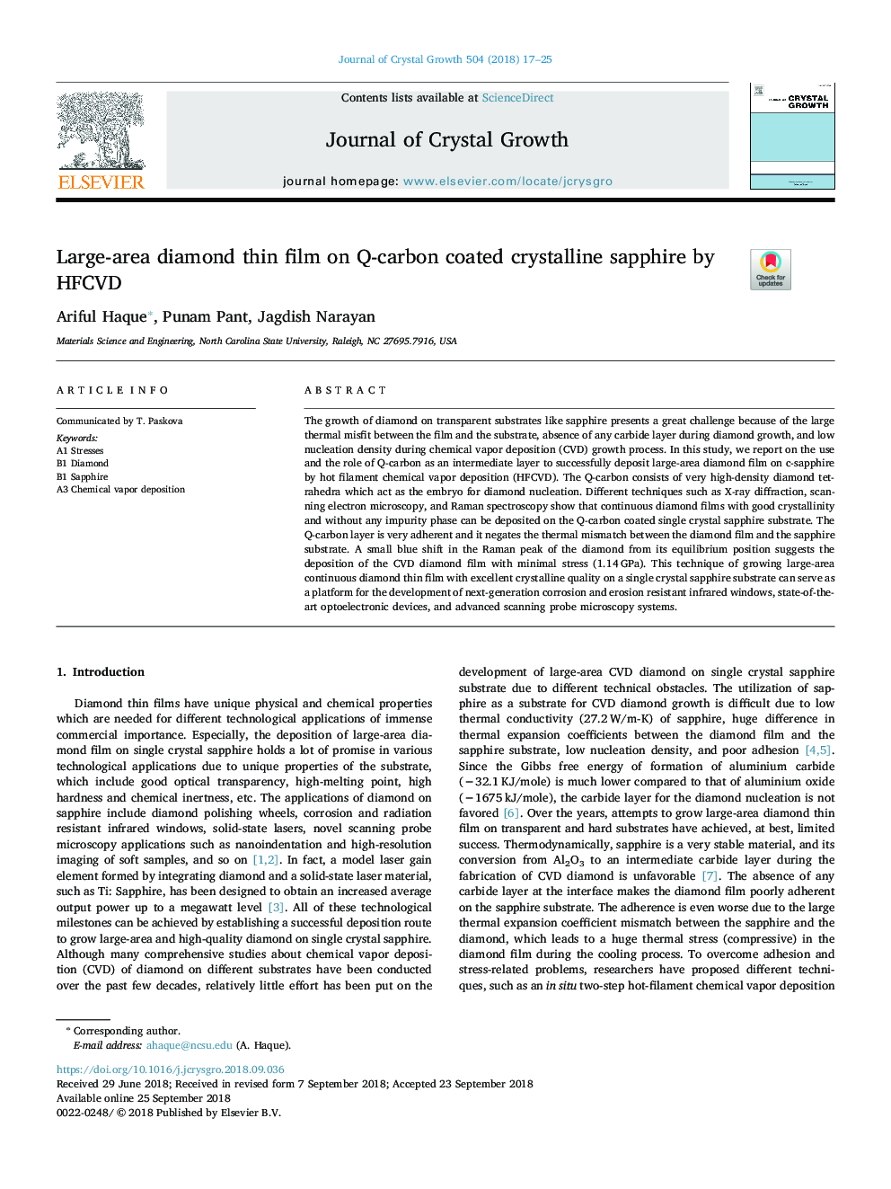 Large-area diamond thin film on Q-carbon coated crystalline sapphire by HFCVD