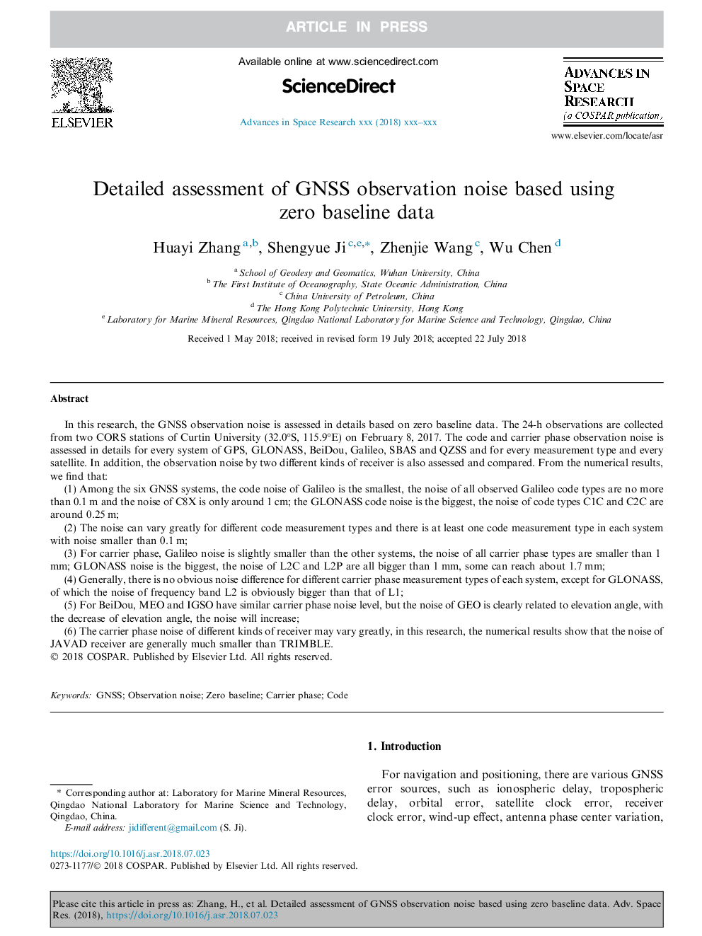 Detailed assessment of GNSS observation noise based using zero baseline data