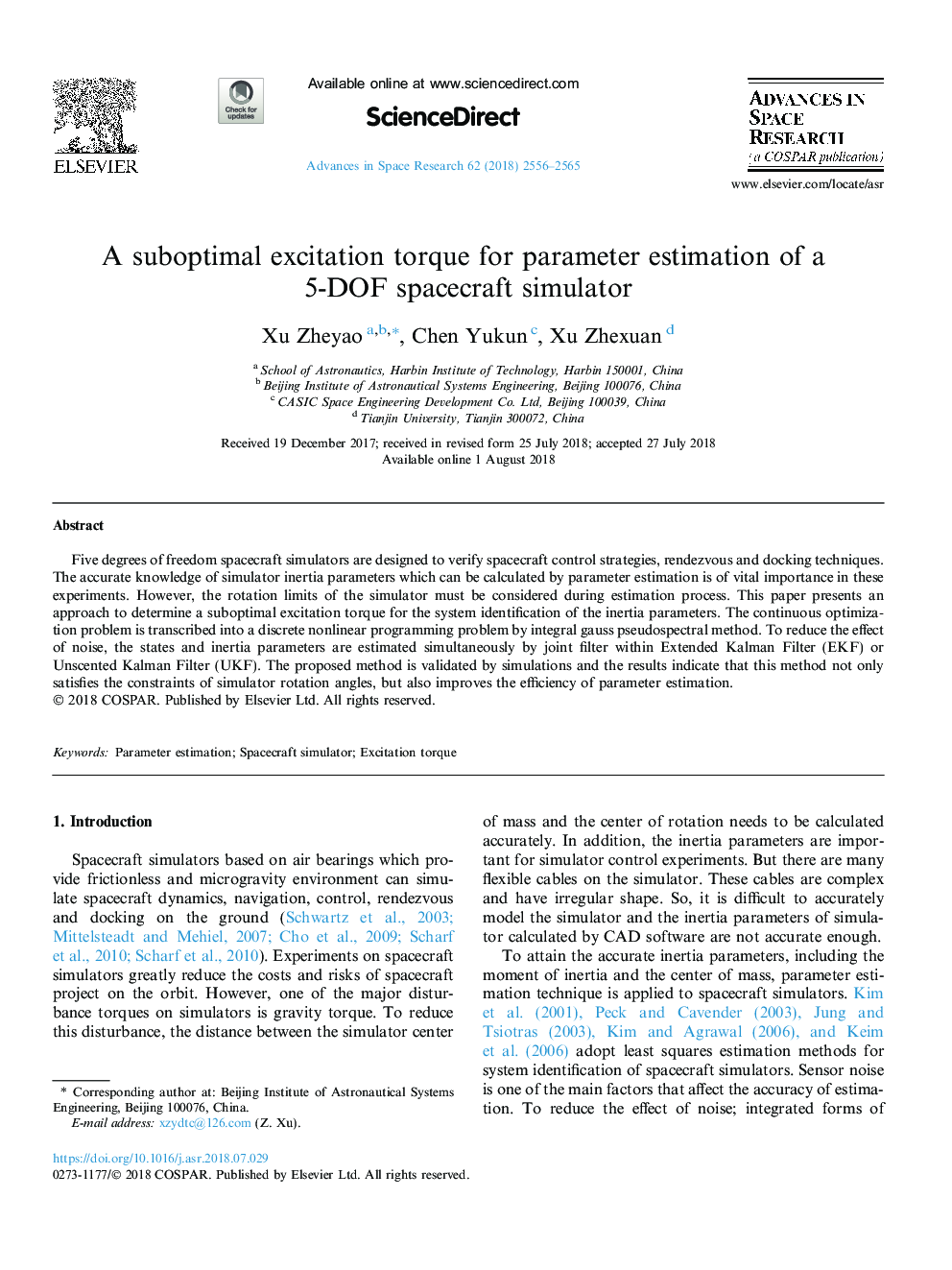 A suboptimal excitation torque for parameter estimation of a 5-DOF spacecraft simulator