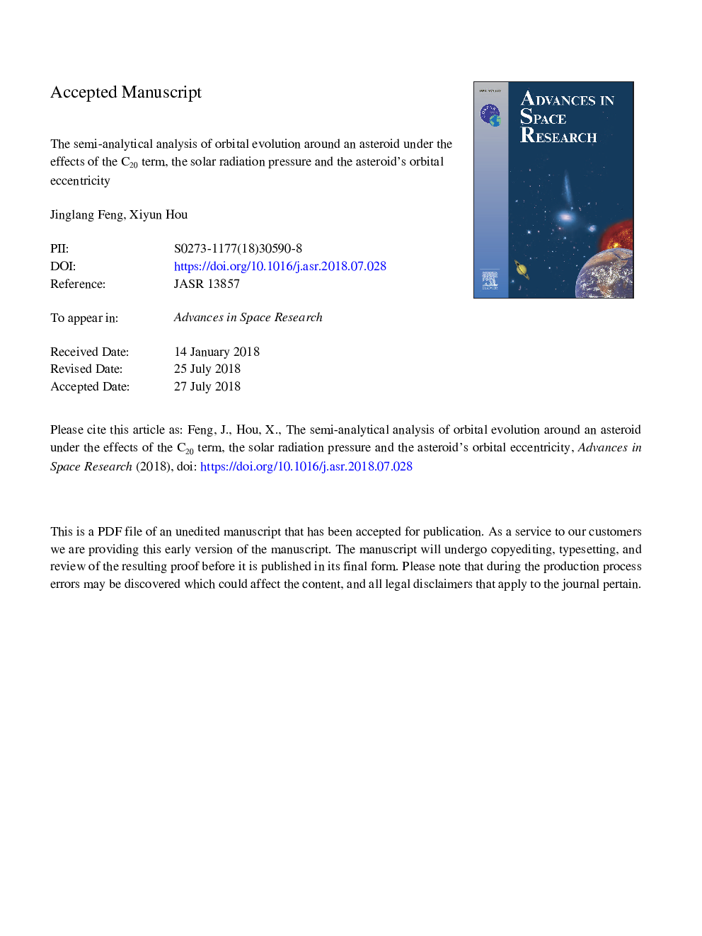 The semi-analytical analysis of orbital evolution around an asteroid under the effects of the C20 term, the solar radiation pressure and the asteroid's orbital eccentricity