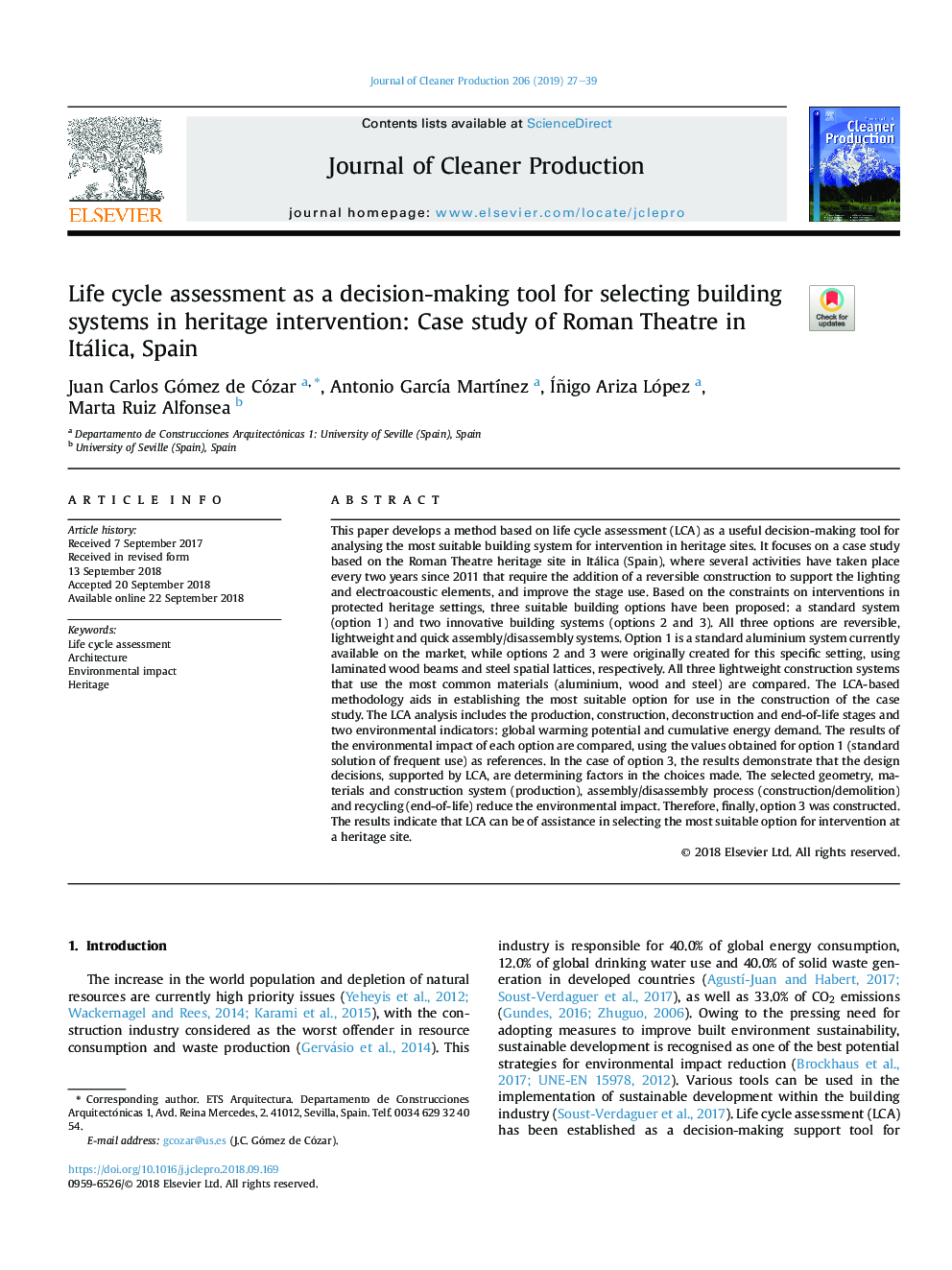 Life cycle assessment as a decision-making tool for selecting building systems in heritage intervention: Case study of Roman Theatre in Itálica, Spain