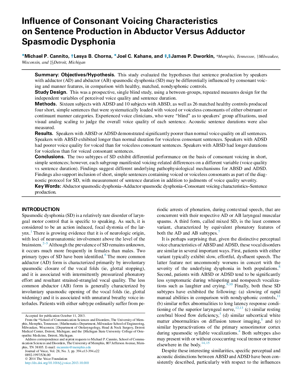 Influence of Consonant Voicing Characteristics on Sentence Production in Abductor Versus Adductor Spasmodic Dysphonia