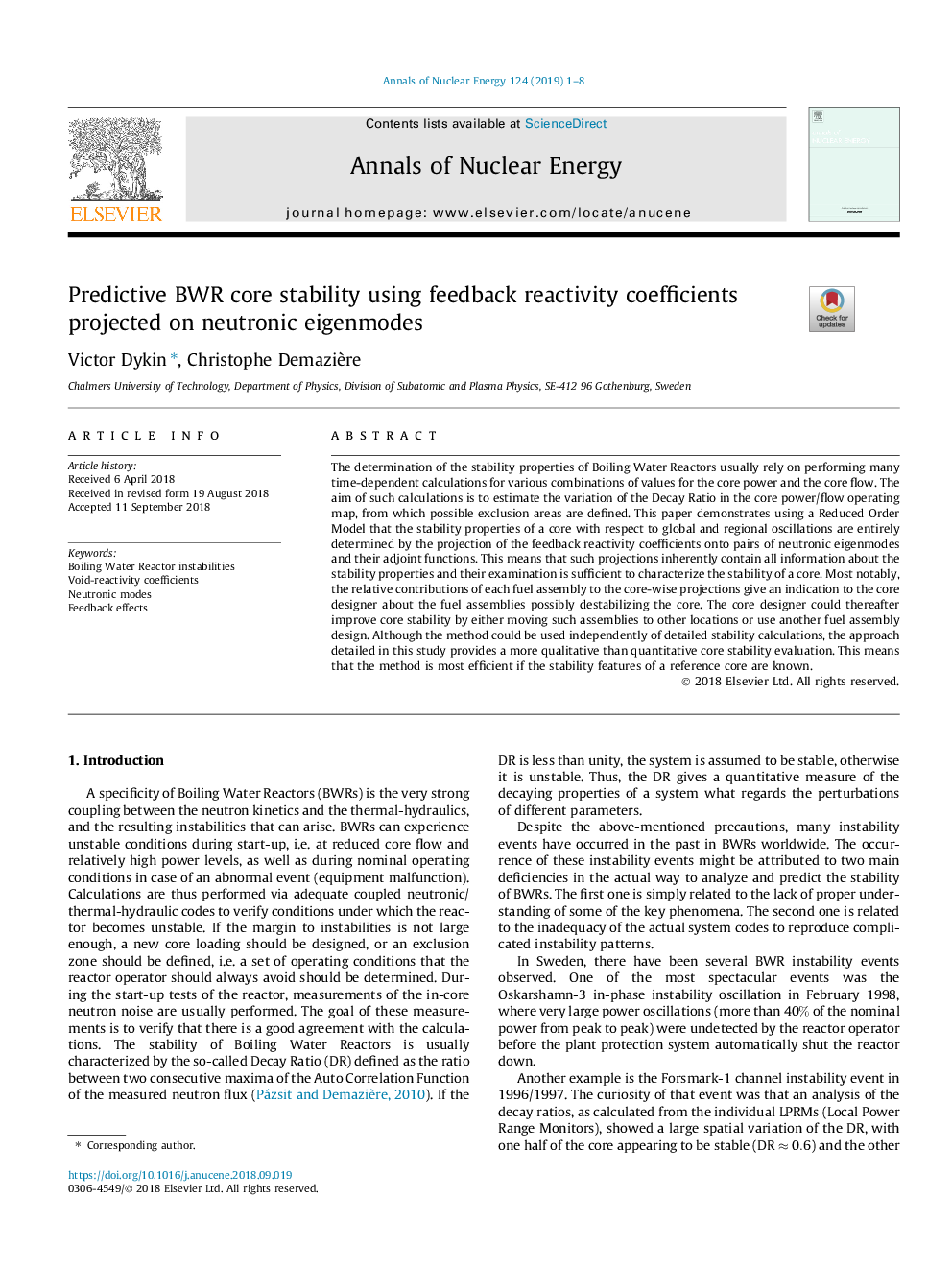 Predictive BWR core stability using feedback reactivity coefficients projected on neutronic eigenmodes