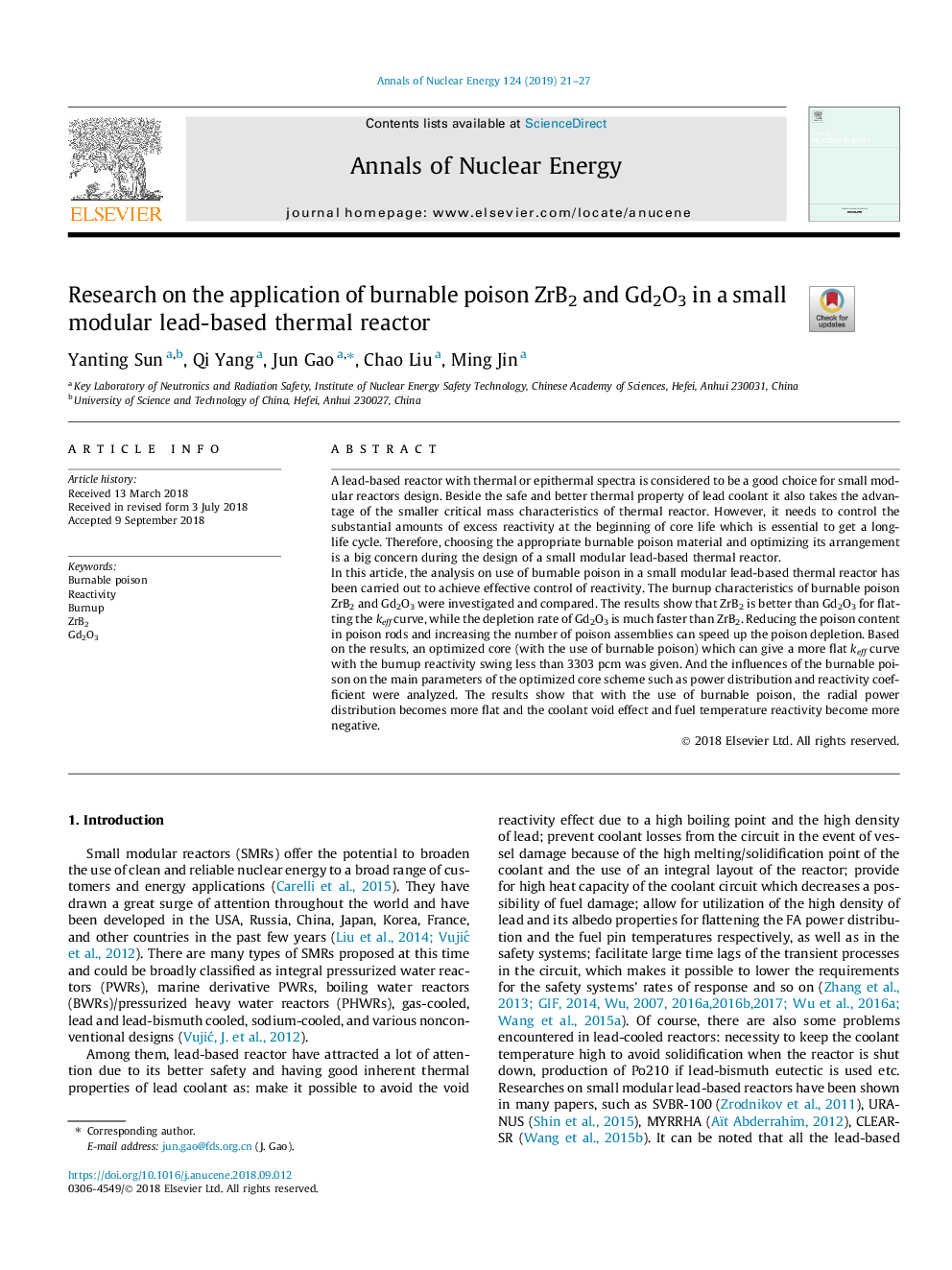 Research on the application of burnable poison ZrB2 and Gd2O3 in a small modular lead-based thermal reactor