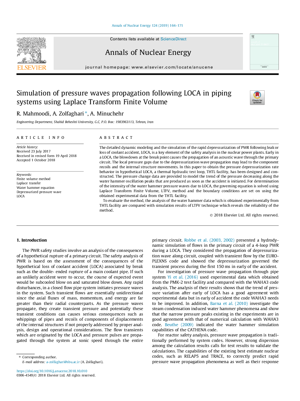 Simulation of pressure waves propagation following LOCA in piping systems using Laplace Transform Finite Volume