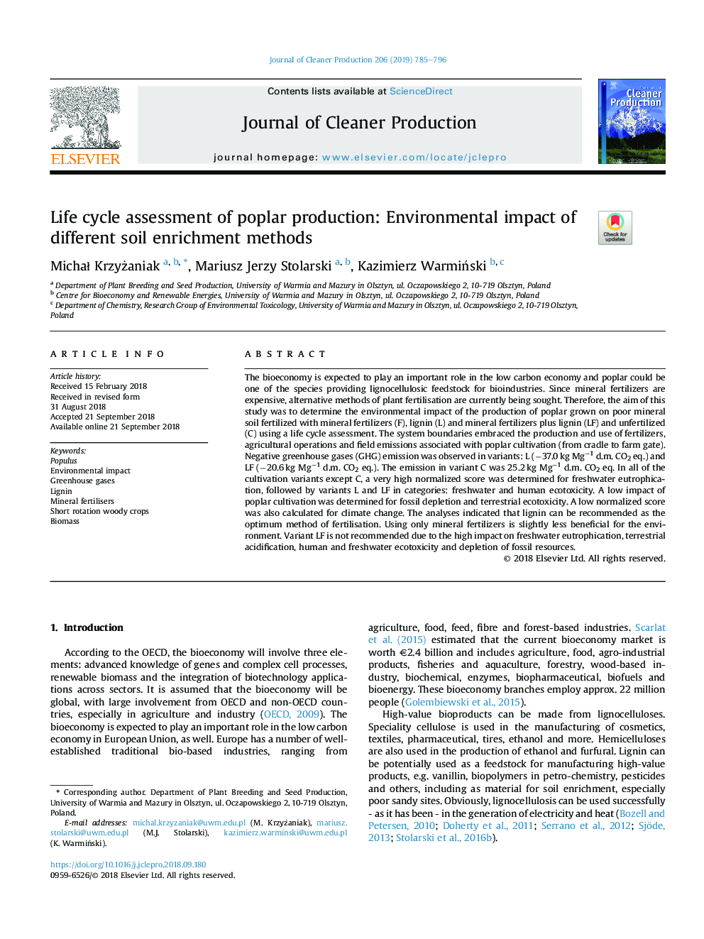 Life cycle assessment of poplar production: Environmental impact of different soil enrichment methods