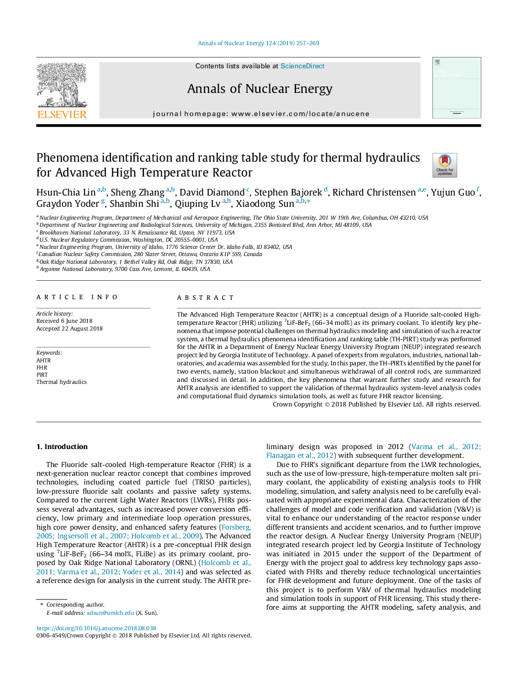 شناسایی پدیده ها و رتبه بندی جدول برای هیدرولیک حرارتی برای راکتور پیشرفته با درجه حرارت بالا