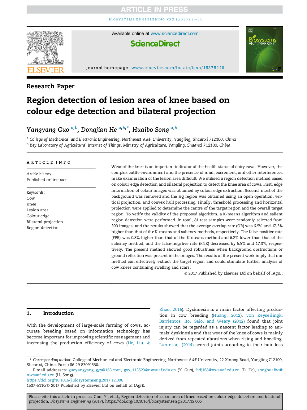 Region detection of lesion area of knee based on colour edge detection and bilateral projection