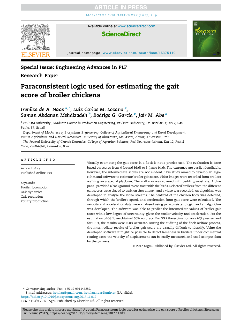 Paraconsistent logic used for estimating the gait score of broiler chickens