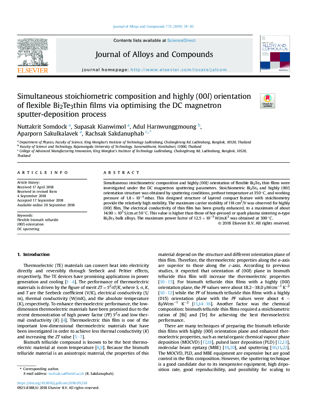 Simultaneous stoichiometric composition and highly (00l) orientation of flexible Bi2Te3thin films via optimising the DC magnetron sputter-deposition process