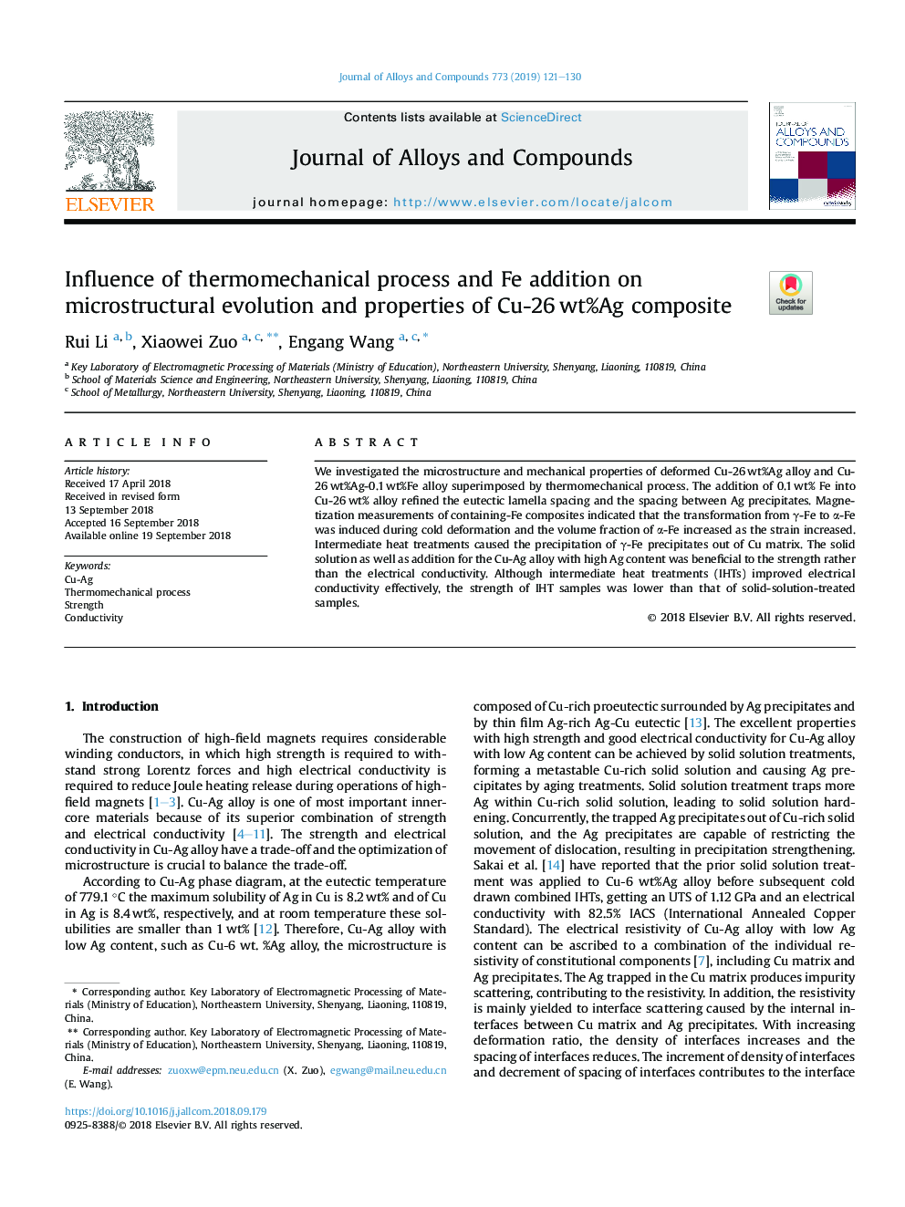 Influence of thermomechanical process and Fe addition on microstructural evolution and properties of Cu-26â¯wt%Ag composite