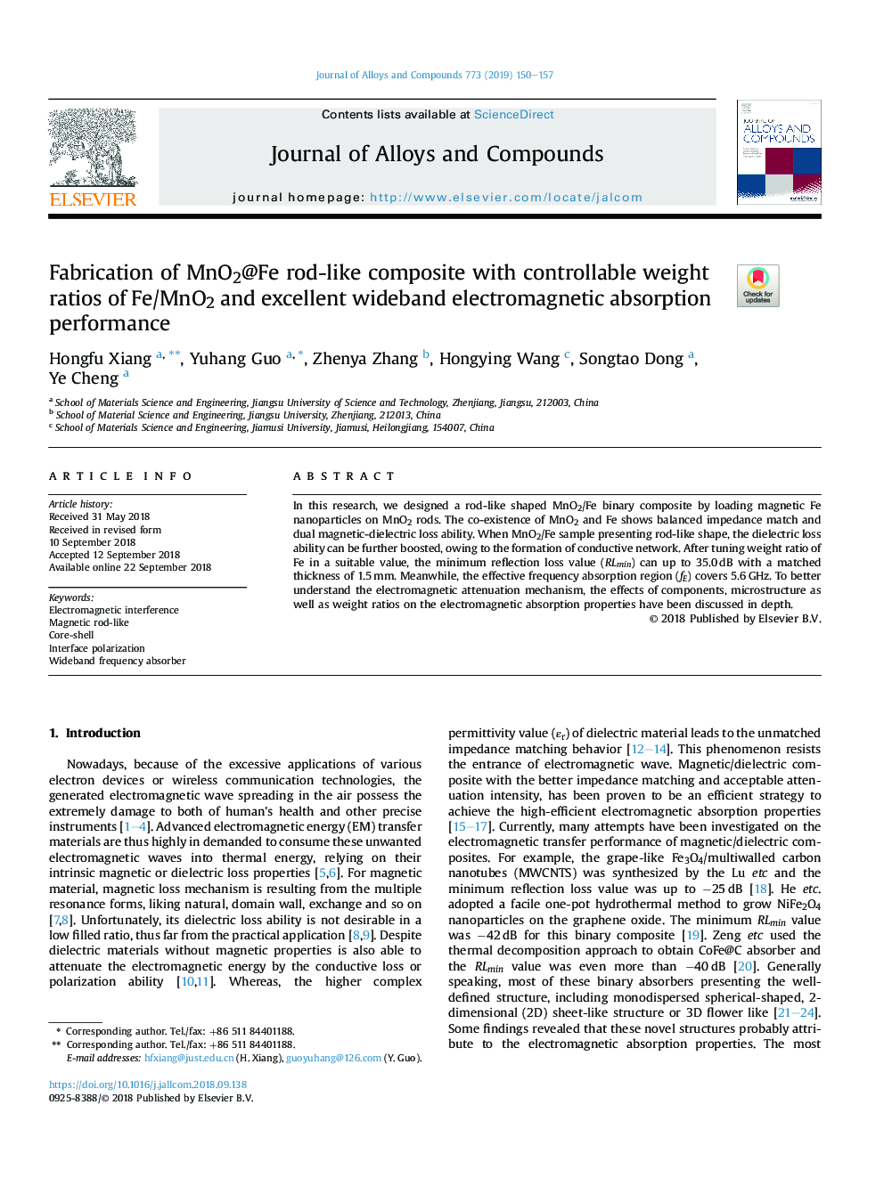 Fabrication of MnO2@Fe rod-like composite with controllable weight ratios of Fe/MnO2 and excellent wideband electromagnetic absorption performance