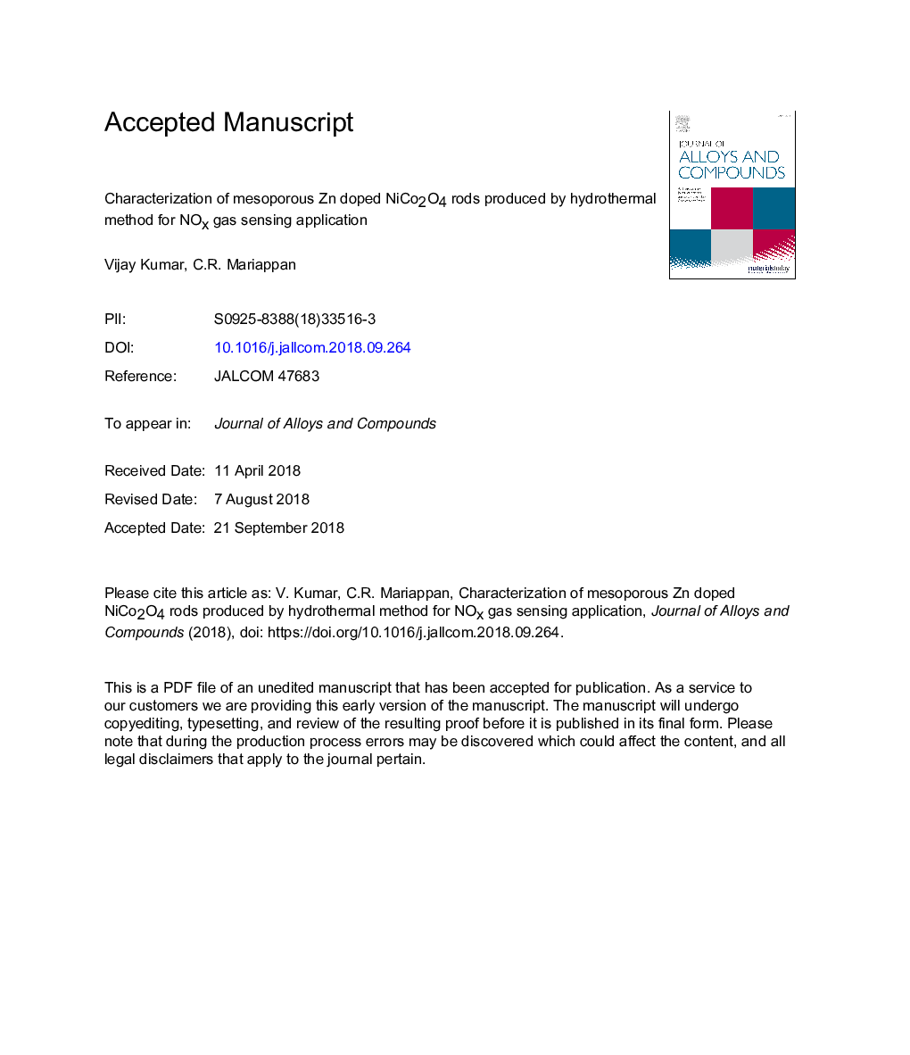 Characterization of mesoporous Zn doped NiCo2O4 rods produced by hydrothermal method for NOx gas sensing application