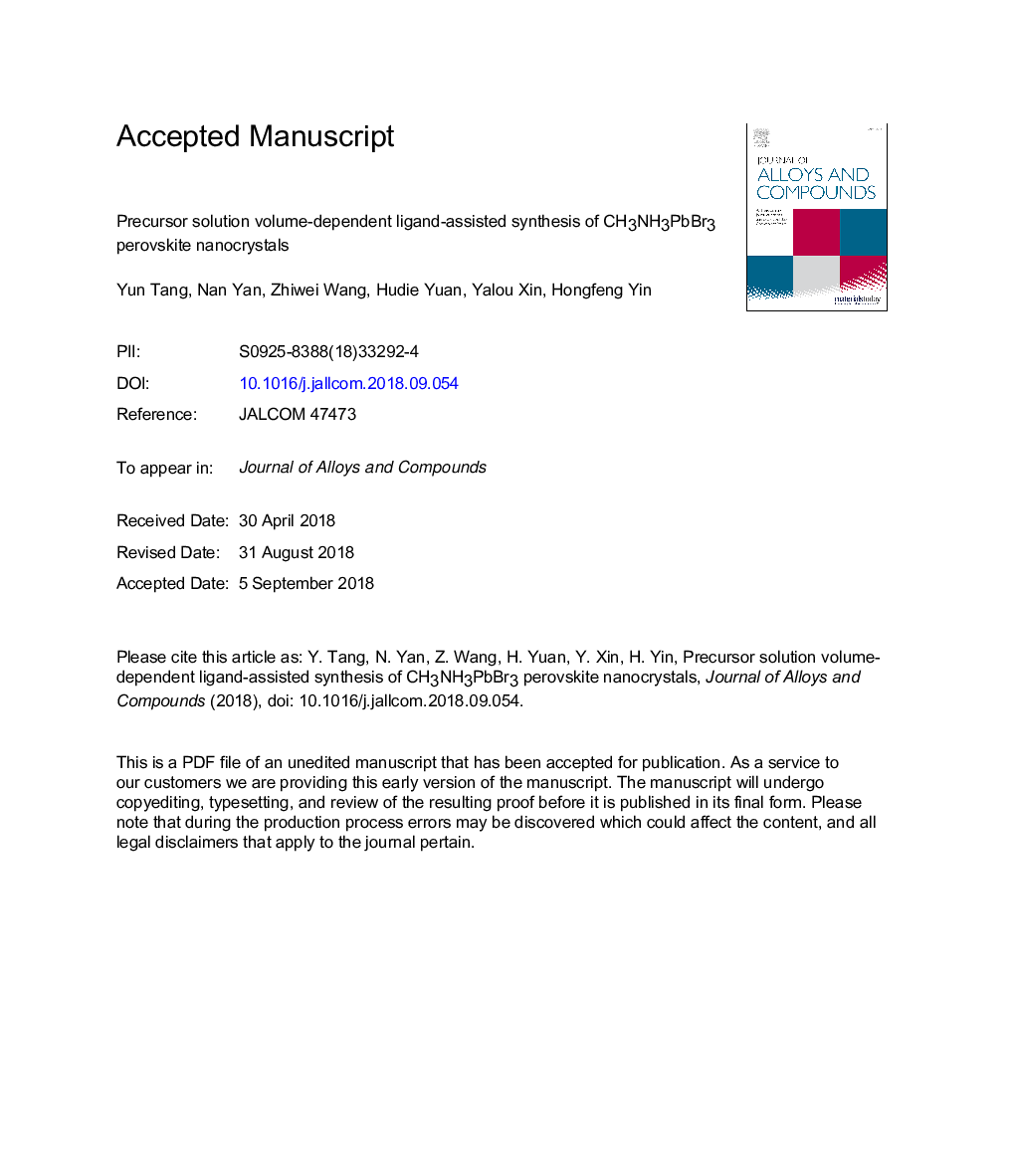 Precursor solution volume-dependent ligand-assisted synthesis of CH3NH3PbBr3 perovskite nanocrystals