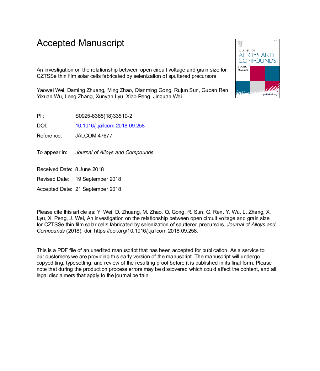 An investigation on the relationship between open circuit voltage and grain size for CZTSSe thin film solar cells fabricated by selenization of sputtered precursors