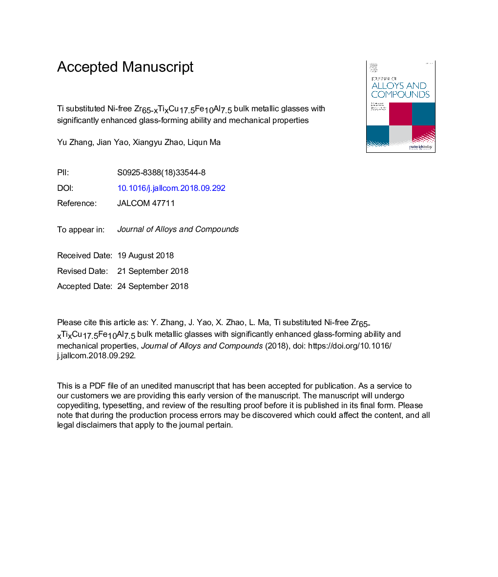 Ti substituted Ni-free Zr65-xTixCu17.5Fe10Al7.5 bulk metallic glasses with significantly enhanced glass-forming ability and mechanical properties