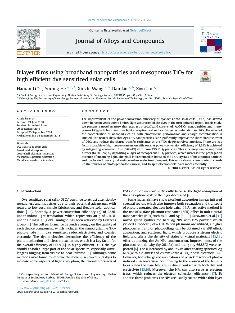 Bilayer films using broadband nanoparticles and mesoporous TiO2 for high efficient dye sensitized solar cells